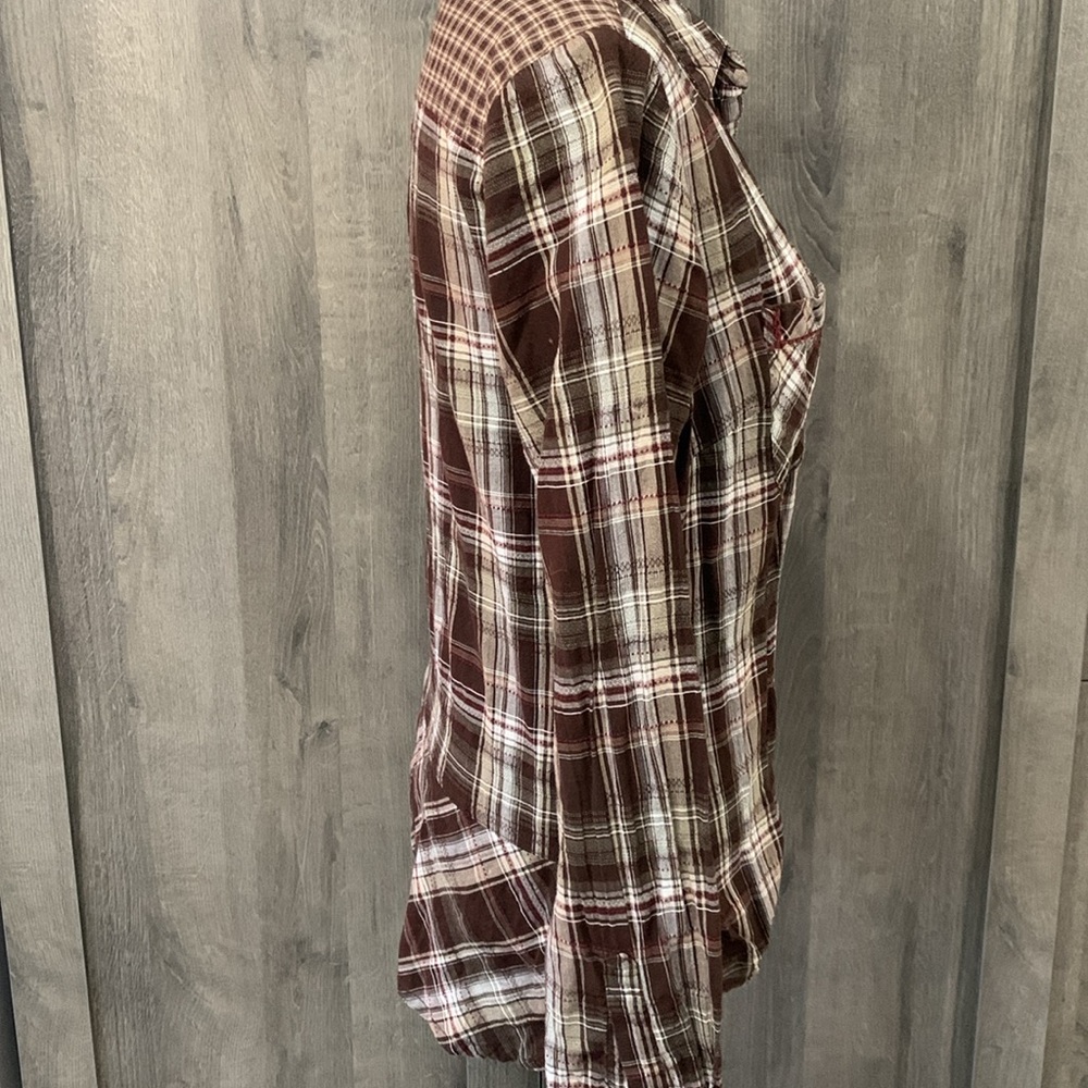 Maurice's Brown & White Plaid Button Down Long Sleeve Women's Shirt Size Small - Picture 3 of 8